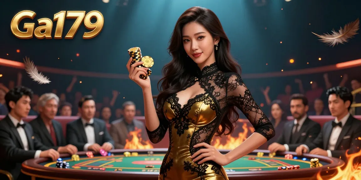 Experience the thrill of Ga179 with a confident woman at a VIP cockfighting arena, sparkling golden chips in hand.
