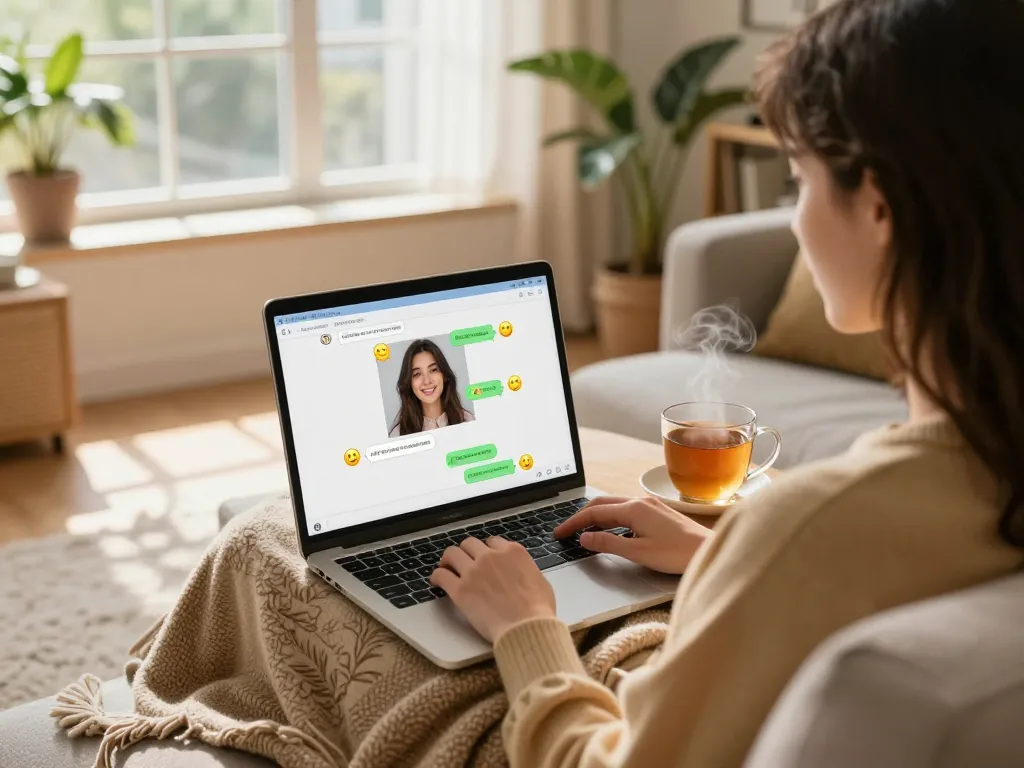 Engaging moment with girlfriend AI in a cozy home setup, showing vibrant chat interface.