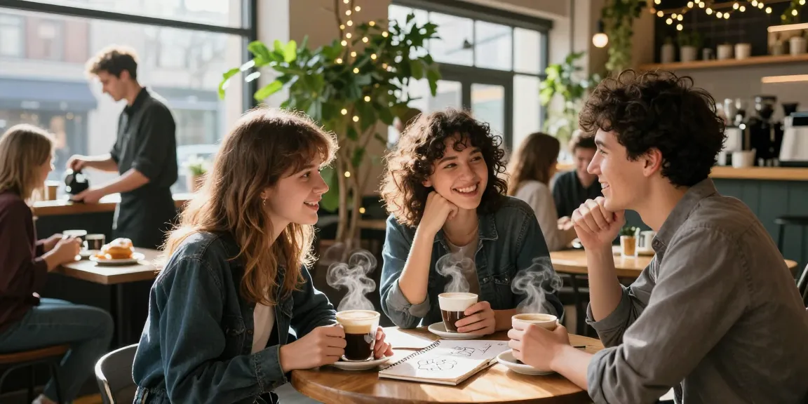 Friends sharing feelings about crush on each other in an urban café.