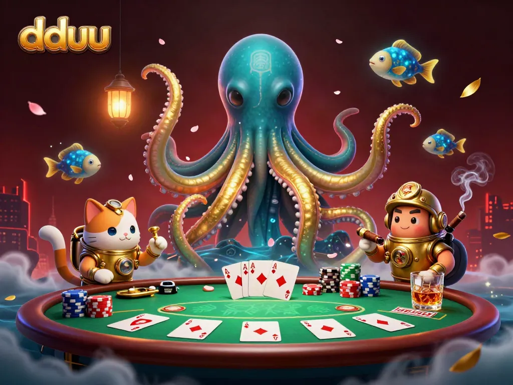 Engage in thrilling dduu poker action with a kraken and diving cat in an enchanting casino scene.