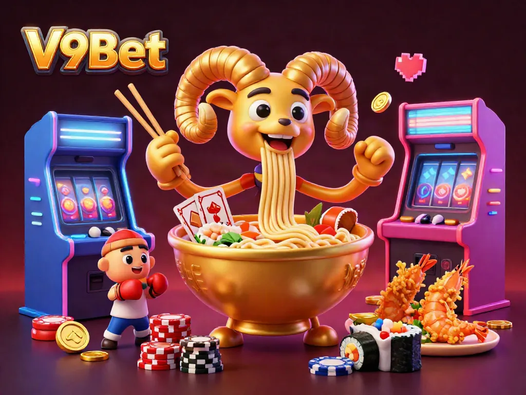Experience thrilling moments with V9Bet featuring a fun cartoon casino scene of a golden ramen bowl and sushi dealer.