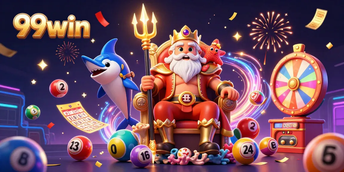 Experience the vibrant 99win gaming world with dynamic lottery elements and a sea king theme.