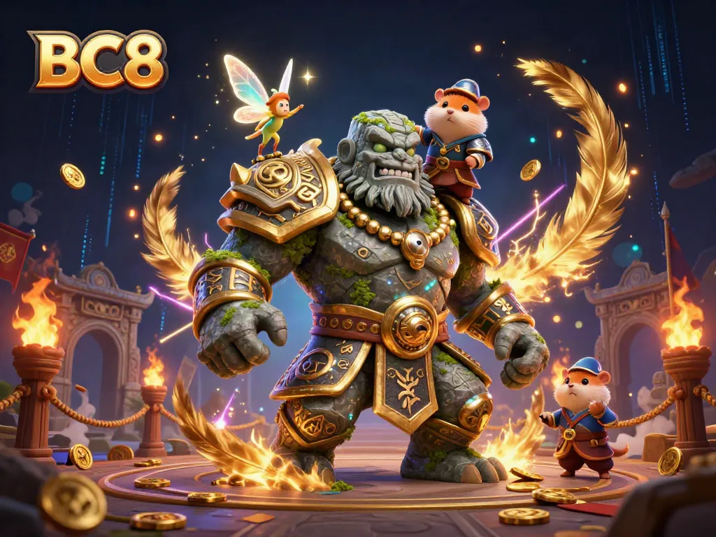 BC8 casino scene with a golem, fairy, and hamster knight amidst golden coins and vibrant characters.