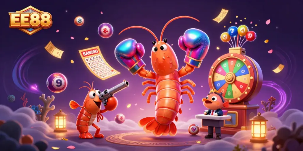 Experience exhilarating games at EE88 with vibrant scenes of lottery balls, shrimp characters, and casino elements.