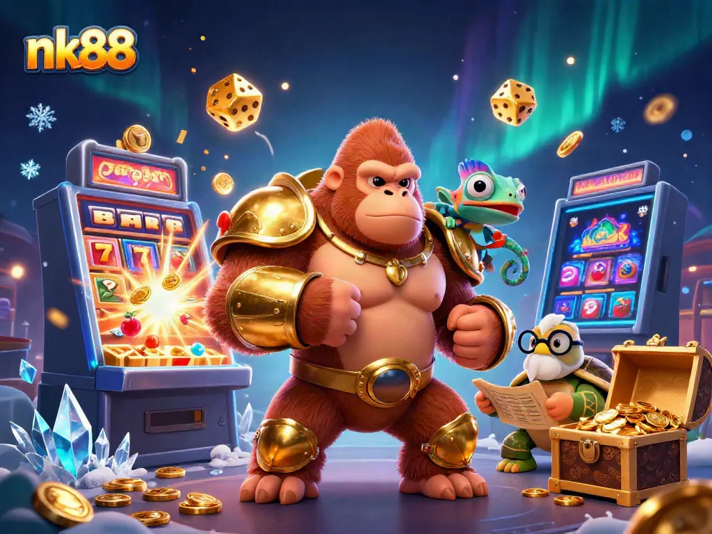 Experience the thrilling slots action with nk88, featuring a powerful gorilla king and vibrant casino elements