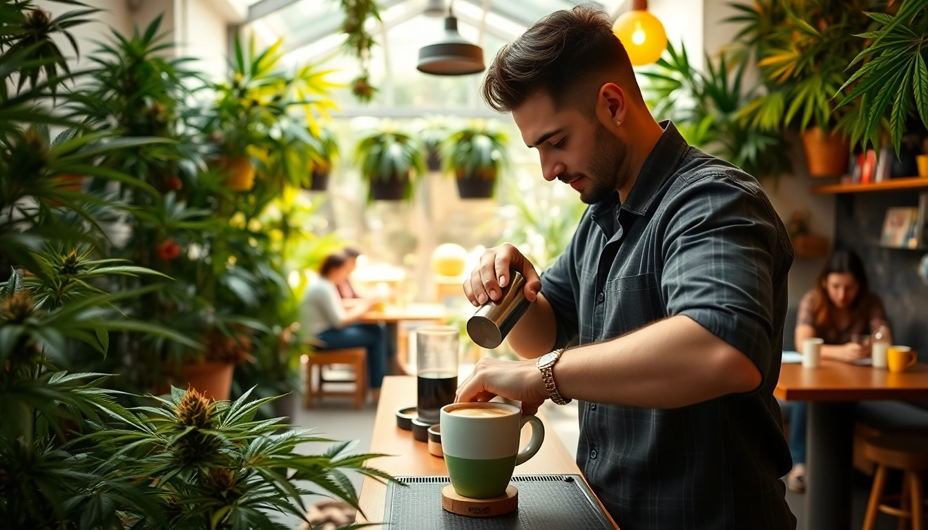 Enjoying cannabis coffee at a Cannabis Coffee Shop lloret de mar, featuring a cozy interior and vibrant colors.