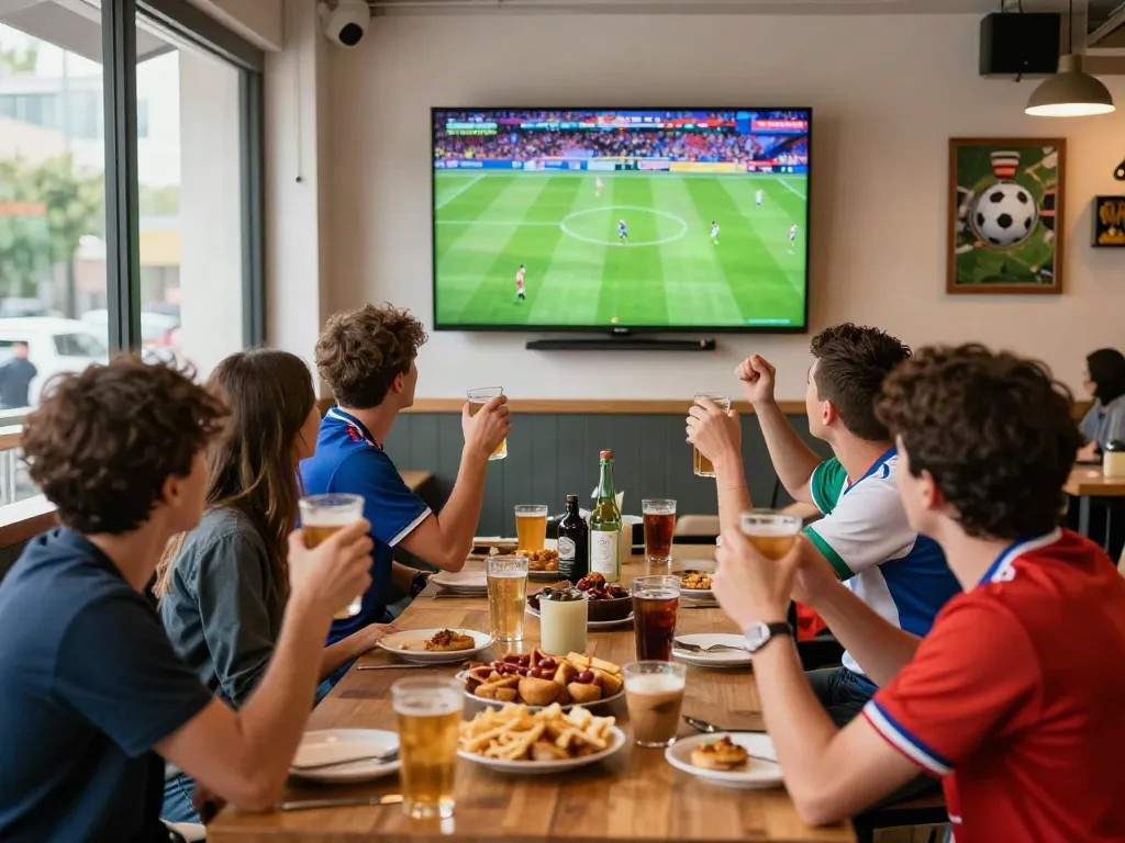 Cakhia TV live football match viewing with friends at a café, capturing excitement and community.