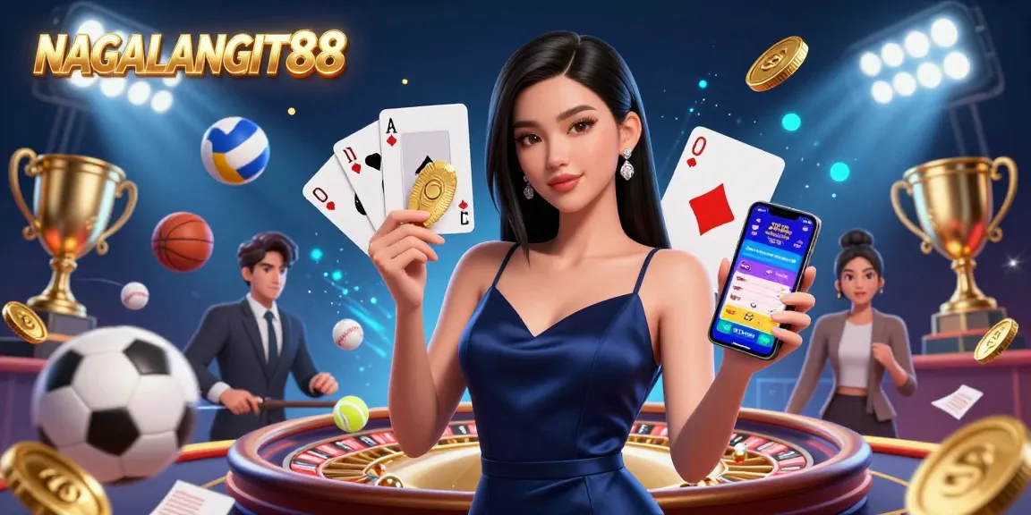 NAGALANGIT88 offers a dynamic casino experience showcasing an Asian woman with poker chips and a smartphone amidst vibrant gambling elements.