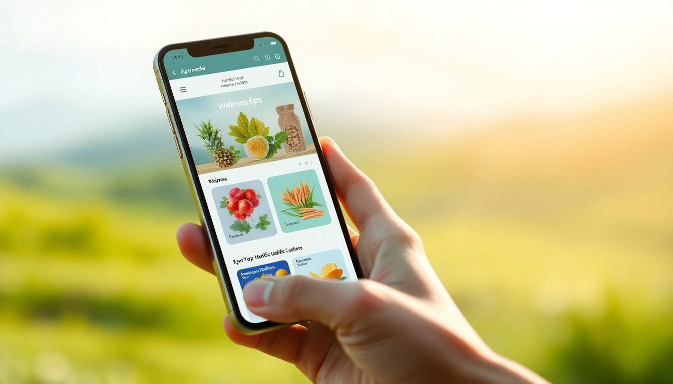 Explore the Ayurveda Mobile App interface showcasing wellness tips and herbs.