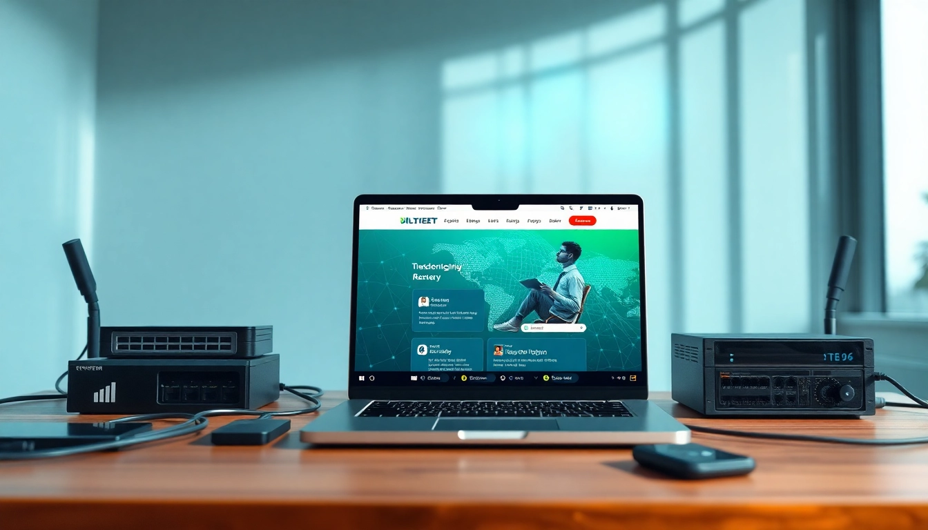 Explore the 快连官网 website on a sleek laptop in a professional workspace.