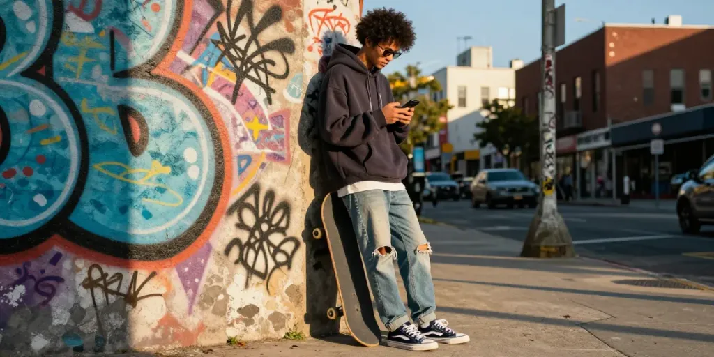 Stylish streetwear influencer showcasing rokok88 fashion in an urban setting