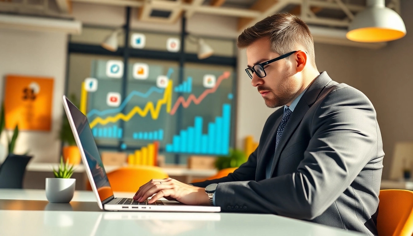 Marketer examines Social Media Marketing data while surrounded by analytics symbols and charts.