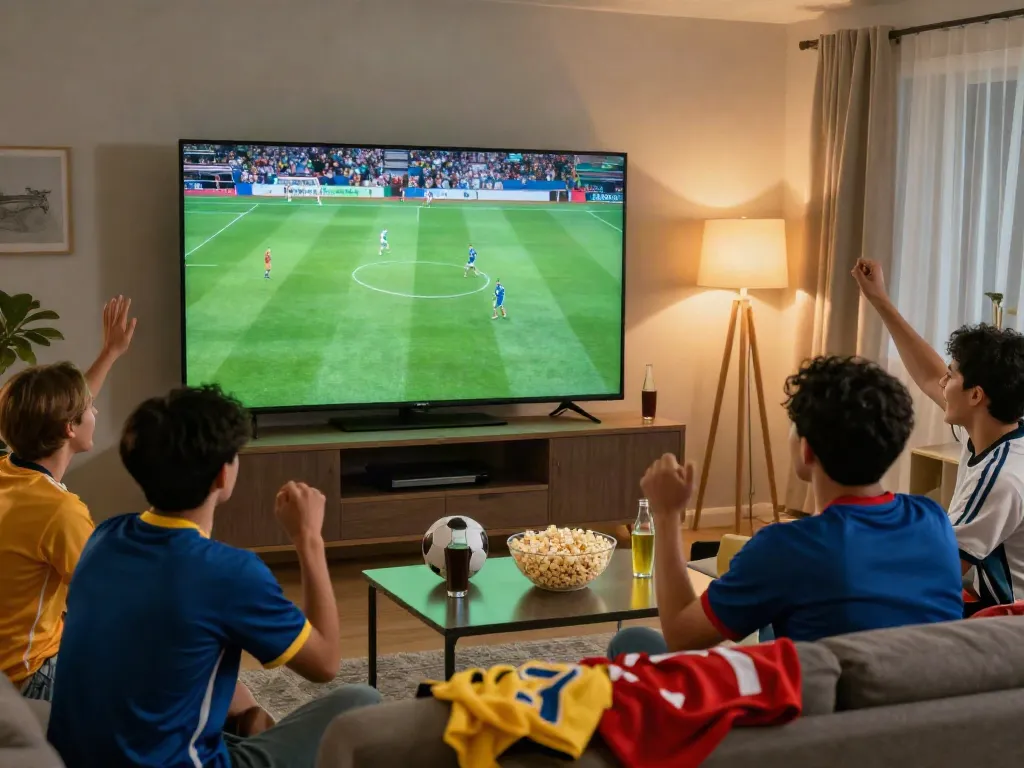 Fans enjoying a thrilling live soccer match at home, celebrating xôi lạc tv experience.