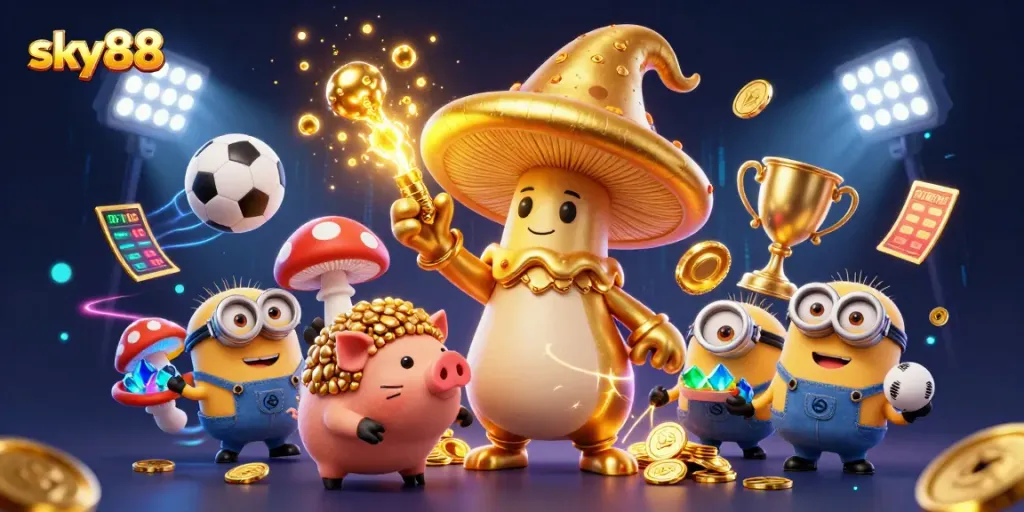 Engage with sky88's casino magic featuring wizards and treasures in a vibrant 3D illustration.