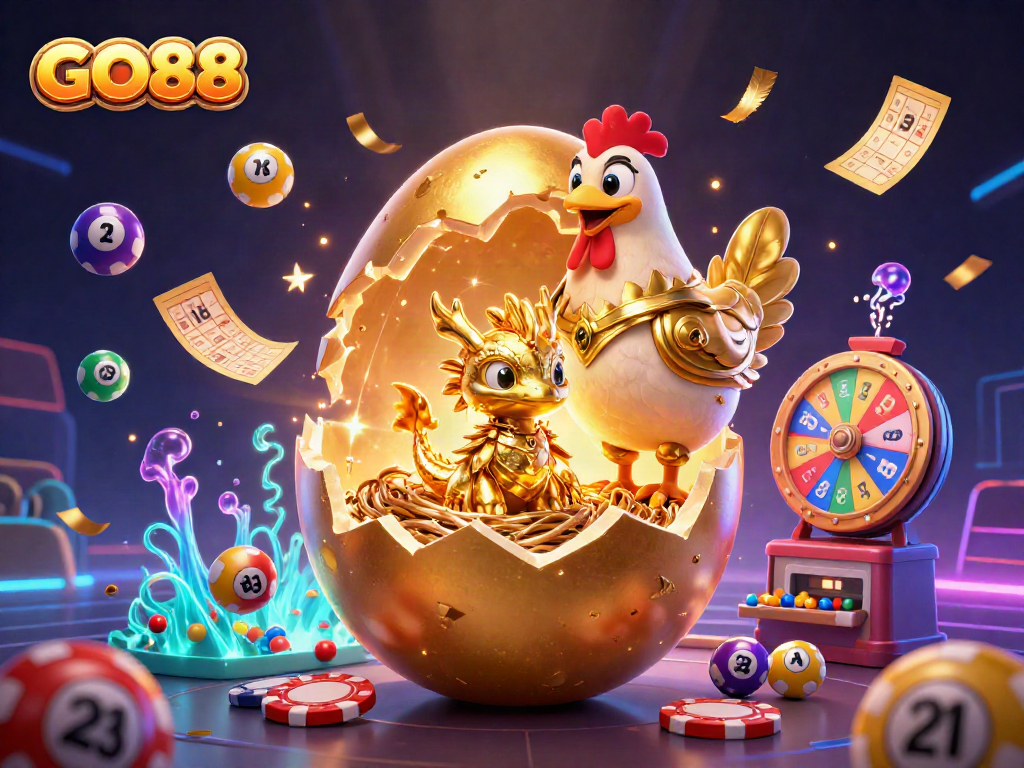 Experience thrilling gameplay with GO88, featuring a crystallized gold dragon and vibrant casino elements.