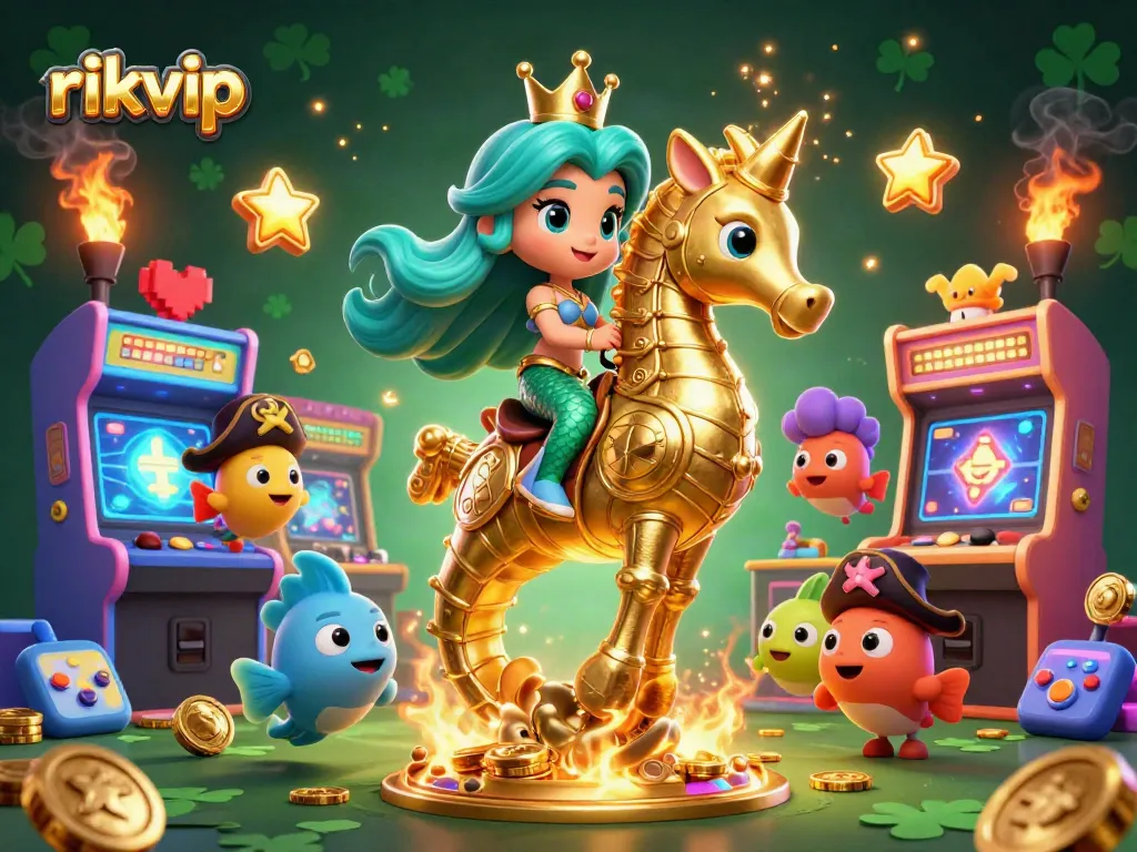 Engage in exciting gameplay at rikvip with a vibrant, colorful casino scene featuring a mermaid princess and seahorse.