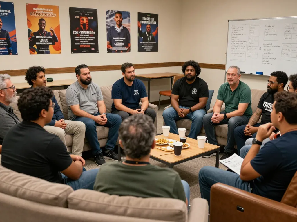 Men gathering in a supportive man club, discussing life experiences and sharing stories.