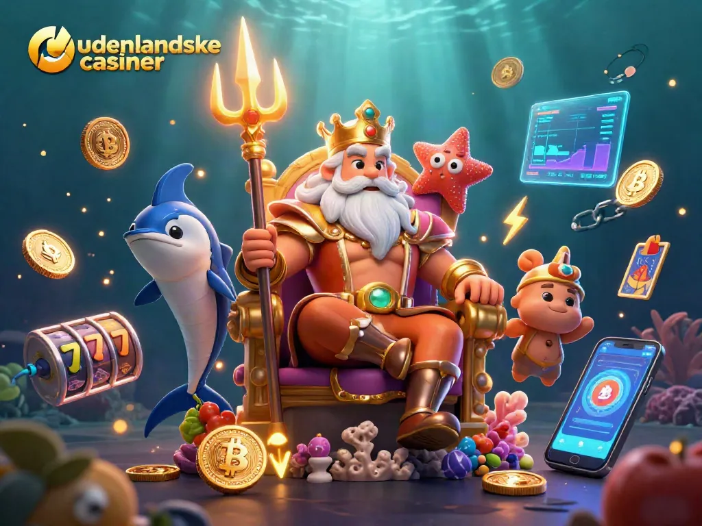 Experience action at udenlandske casinoer with vibrant slot reels and a bustling underwater scene.