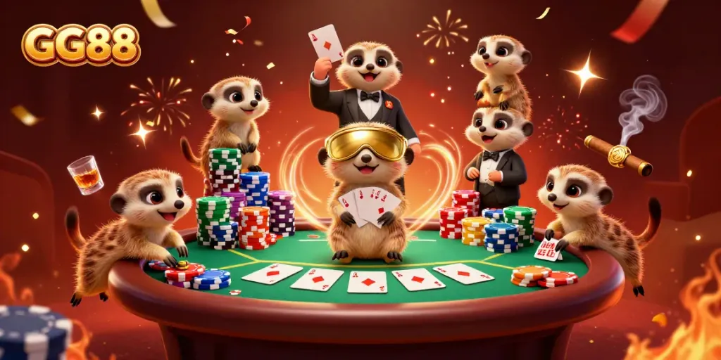 Experience GG88 with meerkats managing a vibrant casino, surrounded by poker excitement and colorful chips.