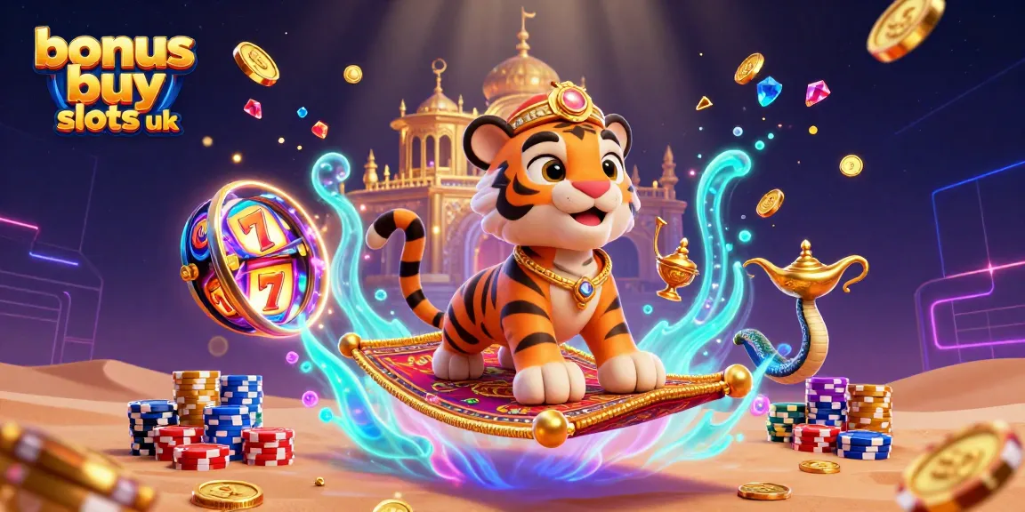 Engage with top bonus buy slots uk, featuring a vibrant 3D illustration of a sultan and dynamic casino elements.