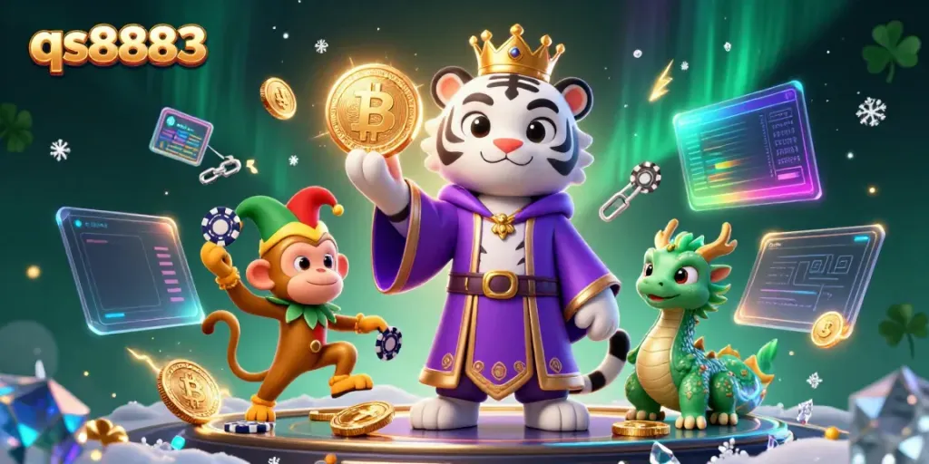 Experience the excitement of qs8883 with a vibrant 3D casino scene featuring a royal tiger and a juggling monkey.