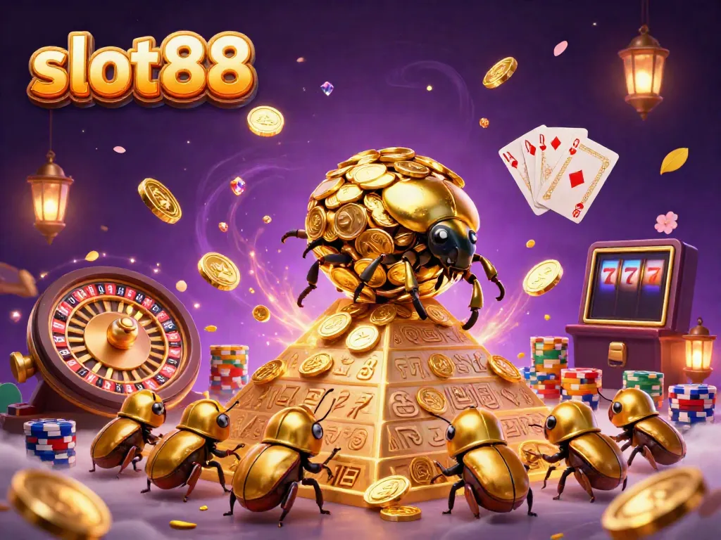 Experience thrilling gameplay with slot88, represented by a golden beetle and coins, in this dynamic casino scene.