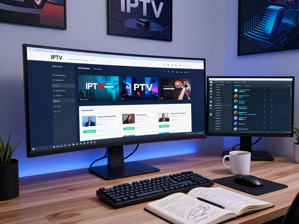 IPTV panel dashboard and advanced monitoring systems in a modern tech workspace.