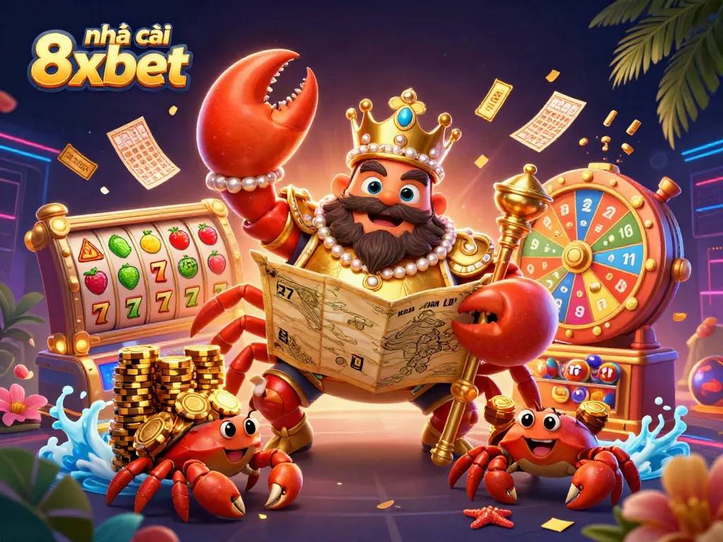 Experience the excitement of nhà cái 8xbet, featuring a vibrant casino scene with dynamic elements like slots and golden tickets.