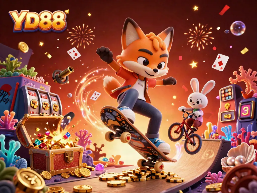 Experience the thrill of YD88 with a vibrant 3D illustration of casino excitement and dynamic characters.