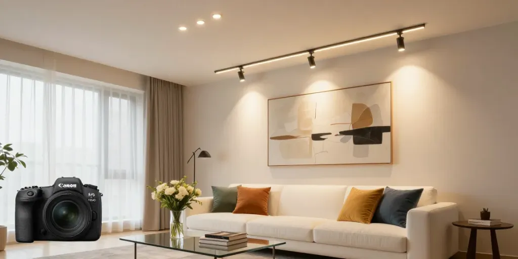 Iluminat modern pe sina magnetică în living elegant, cu mobila modernă și atmosferă caldă.