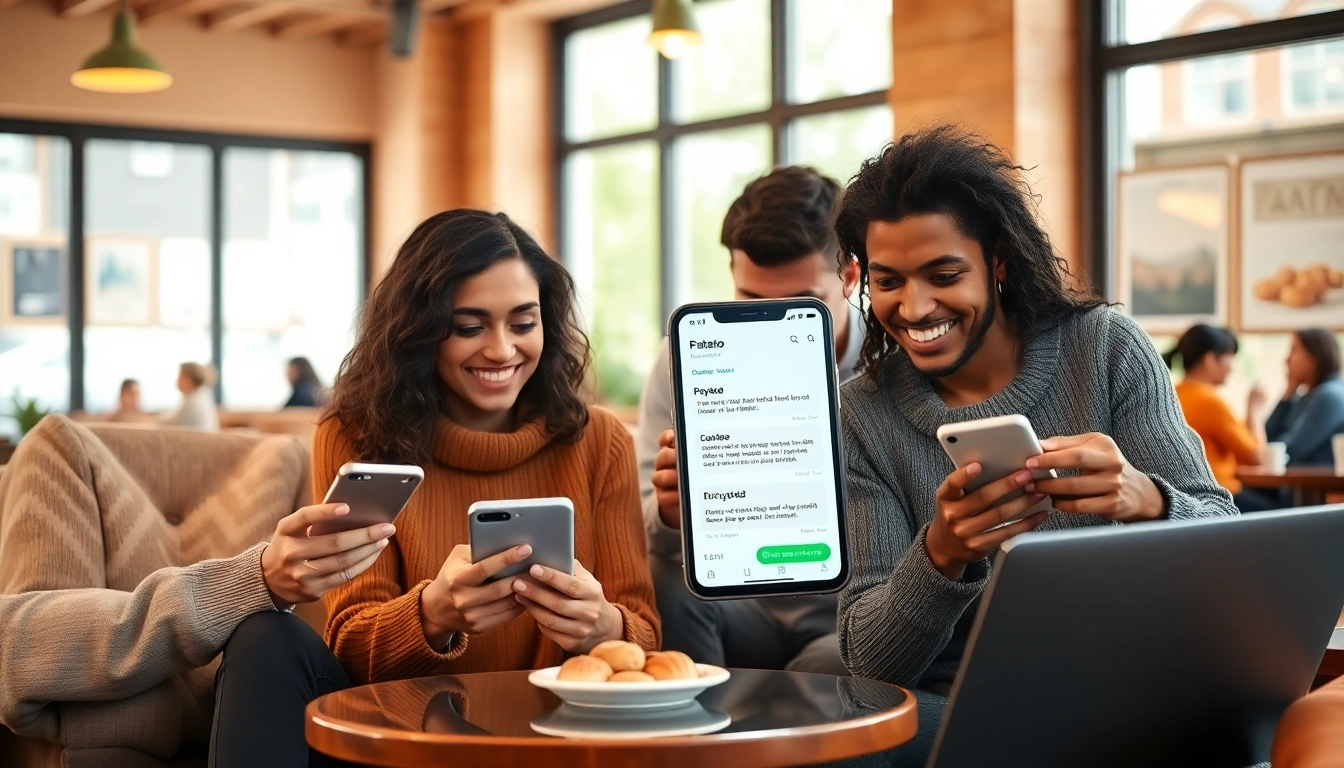 Engaging users exploring Potato app features in a cozy café for secure communications.