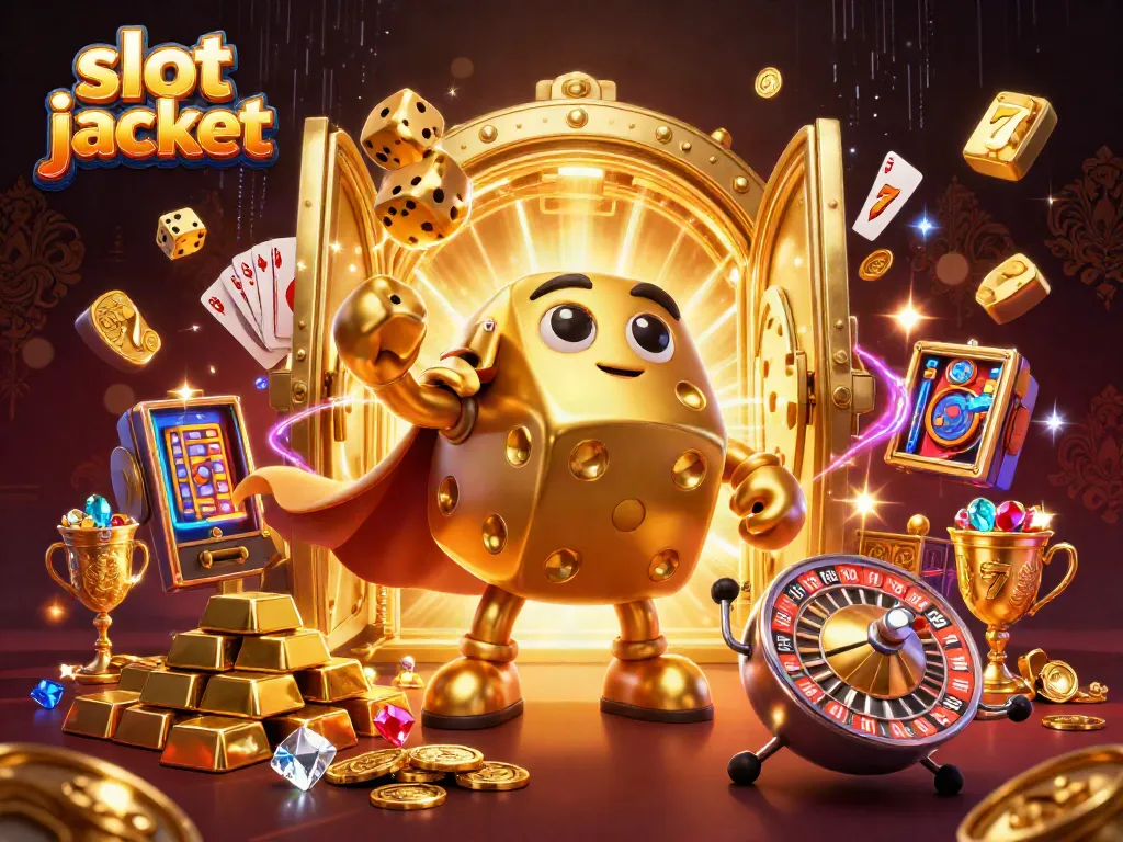 Experience thrilling wins at slot jackpot with golden dice, jewels, and vibrant casino elements.