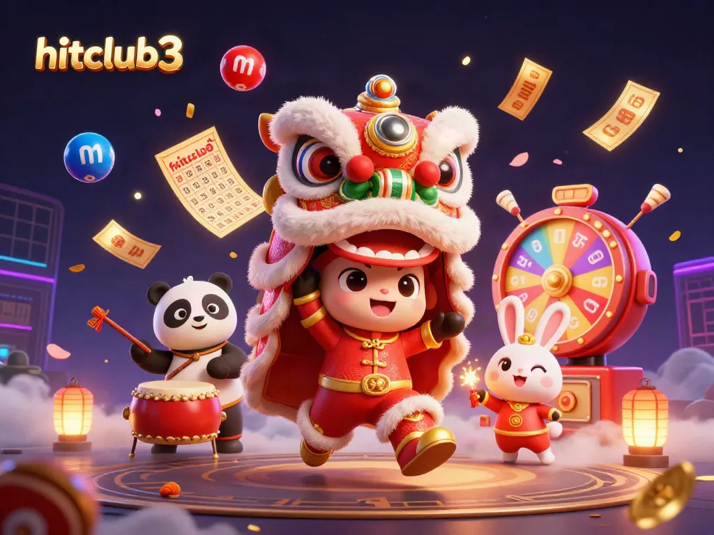 Join the excitement at hitclub3 with lively characters, colorful lottery elements, and festive decorations.