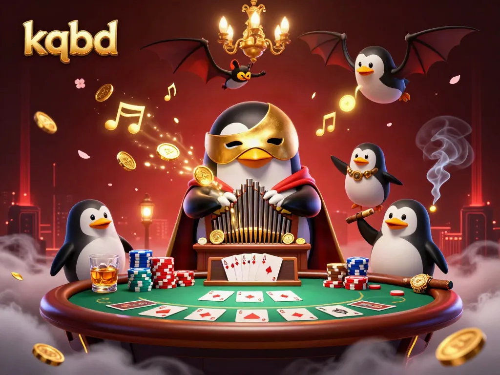 The kqbd scene features a phantom penguin playing an organ, surrounded by poker elements and dynamic casino effects.
