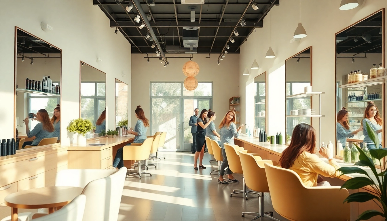 Cabeleireiro perto de mim: vibrant modern hair salon scene showcasing skilled stylists and satisfied clients