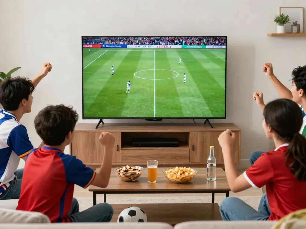 Cà khại tv fan eagerly watching a live football match in a lively home setting with snacks and drinks.