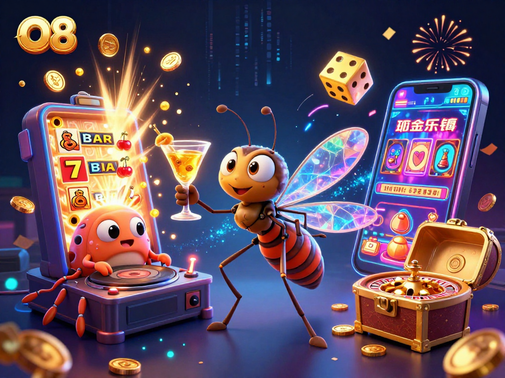 Spin the winning O8 jackpot with the vibrant energy of a casino scene featuring animated characters.