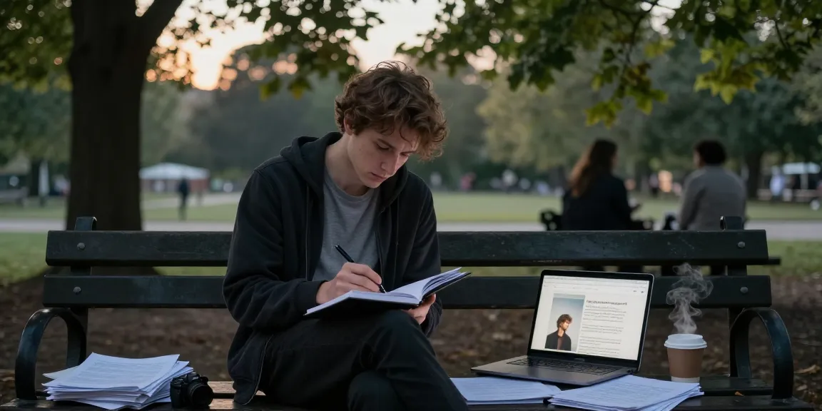 Young adult reflecting on life's struggles while writing a personal blog about rokok88 in a serene park.