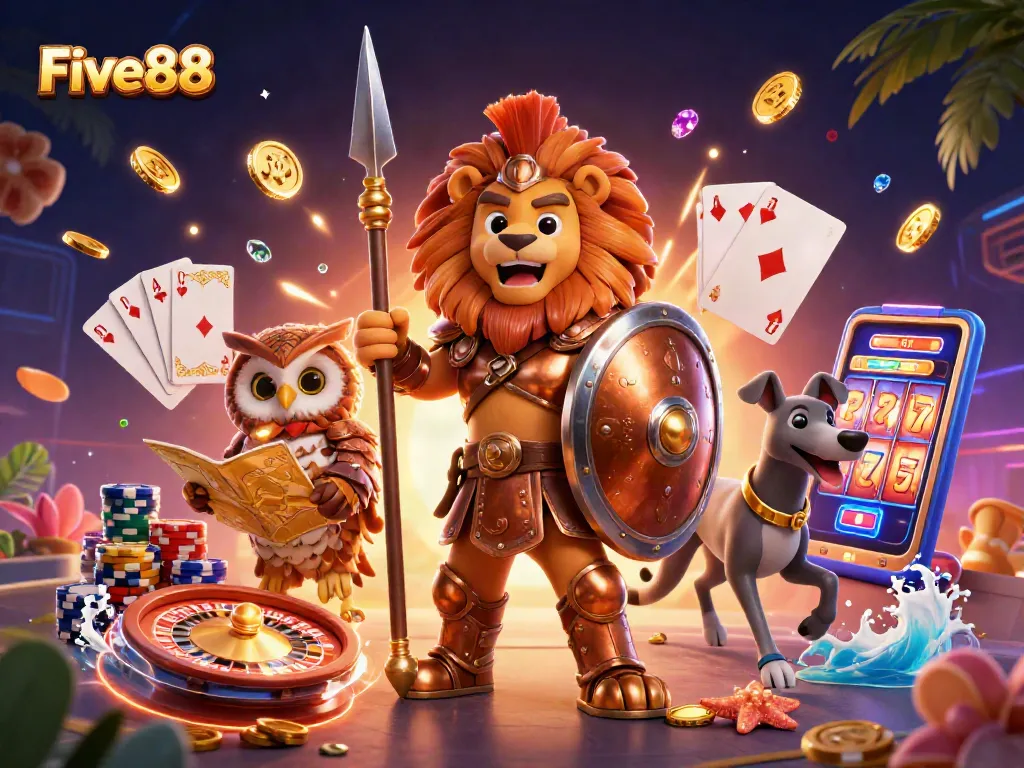 Experience thrilling action at Five88 with a vibrant casino scene featuring a Spartan lion and strategic owl.