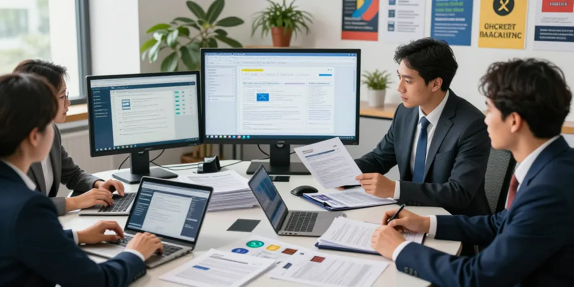 Engaging office scene showcasing document fraud detection with professionals analyzing digital documents for security verification.
