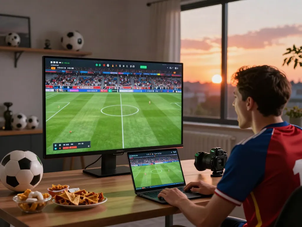 Exciting viewer enjoying cà khại tv soccer match live stream at home.