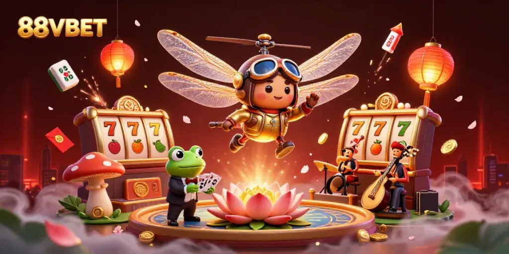 Experience the excitement of 88VBET with a vibrant 3D casino scene featuring a dragonfly pilot and frog croupier.