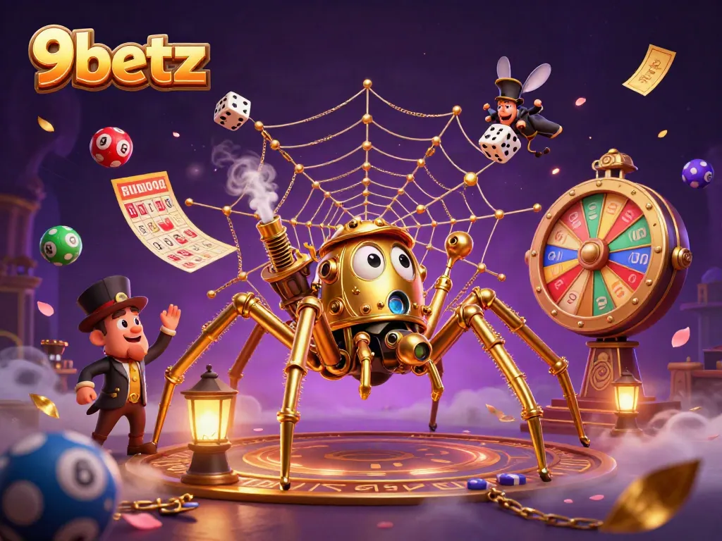 Engage in thrilling games at 9betz with a dynamic steampunk scene featuring golden spider and lively lottery elements.