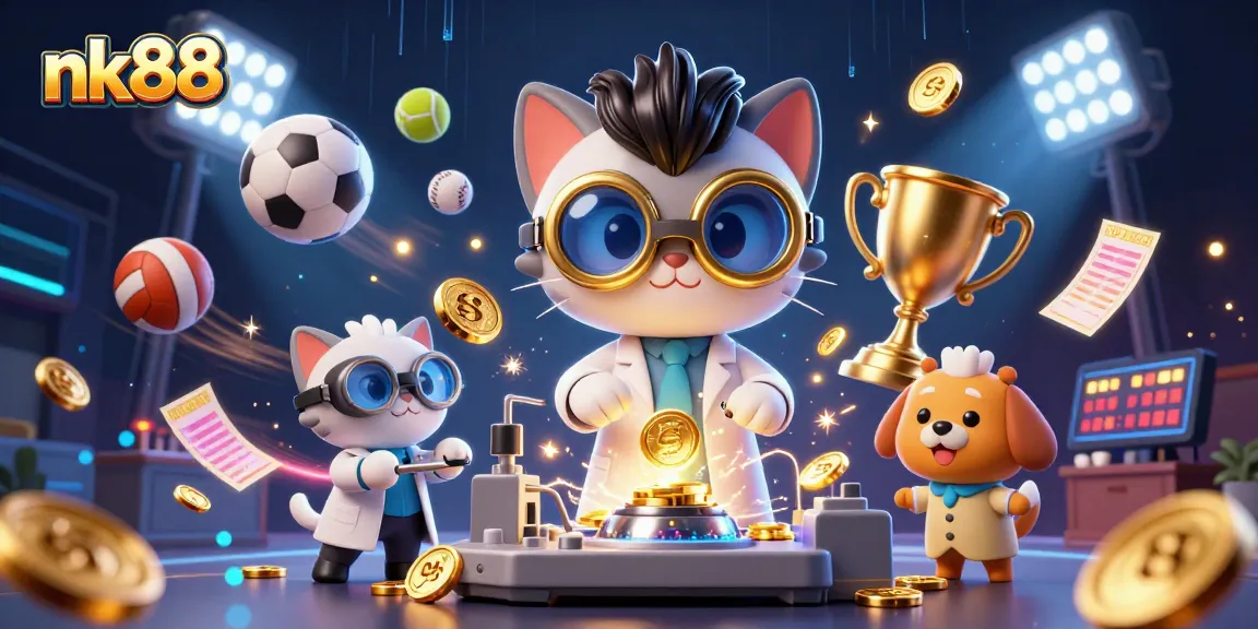 Engage with nk88's exciting gaming scene featuring a mad scientist cat and lab assistant, surrounded by sports elements.