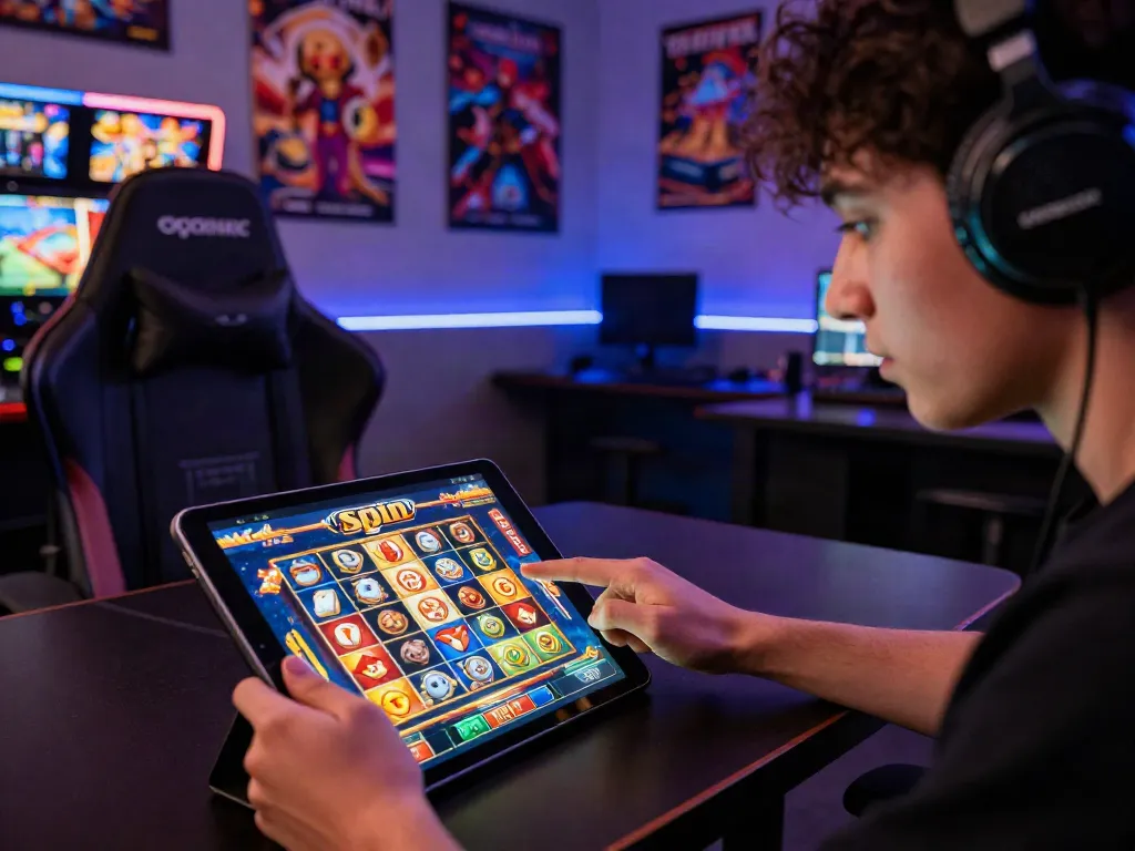 Player enjoying slot88 game on a tablet amid vibrant graphics and an exciting atmosphere.