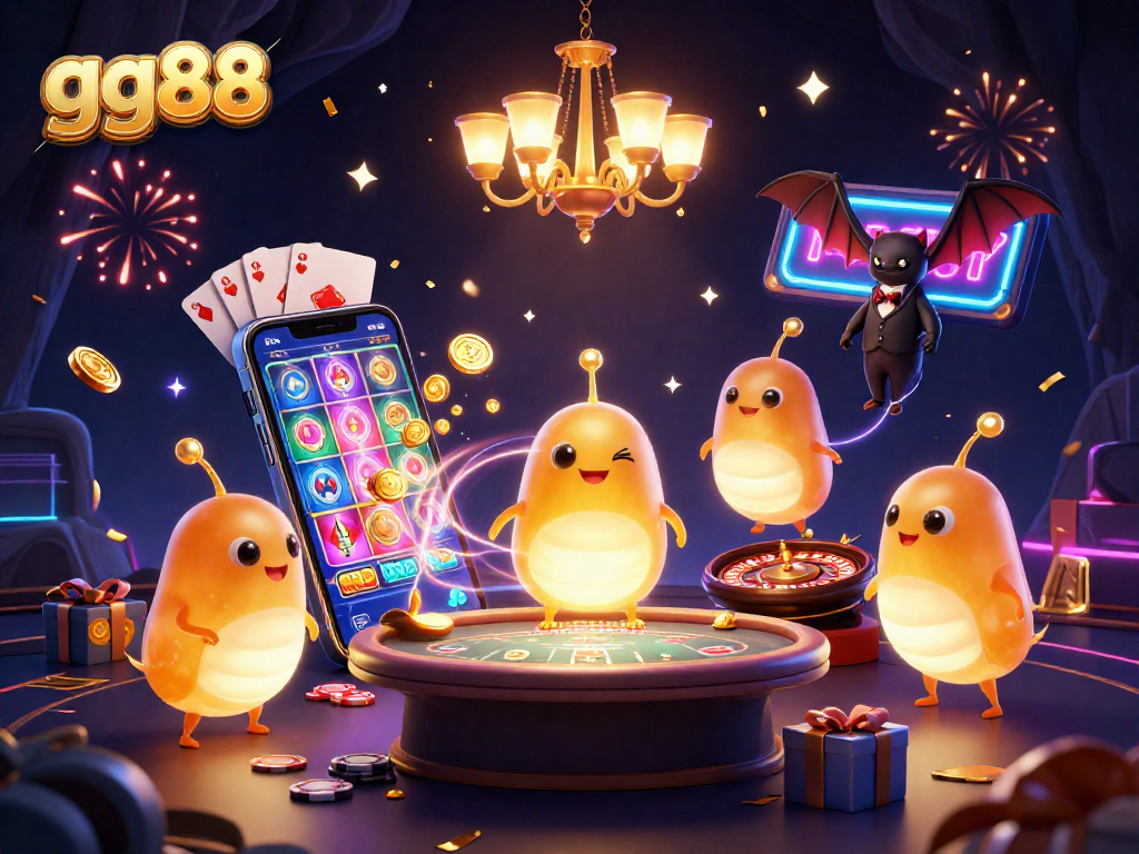 Join the excitement at gg88 with colorful slot games, illuminated by glowworms in a vibrant casino.