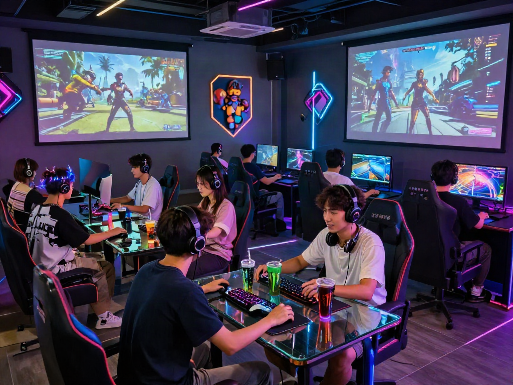Group of gamers enjoying immersive porn game experiences in a vibrant lounge.