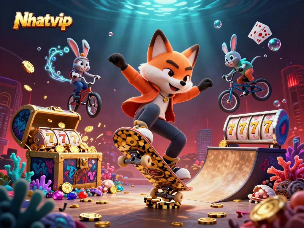 Nhatvip card game adventure featuring a skateboarder fox and BMX rabbit in an energetic casino scene