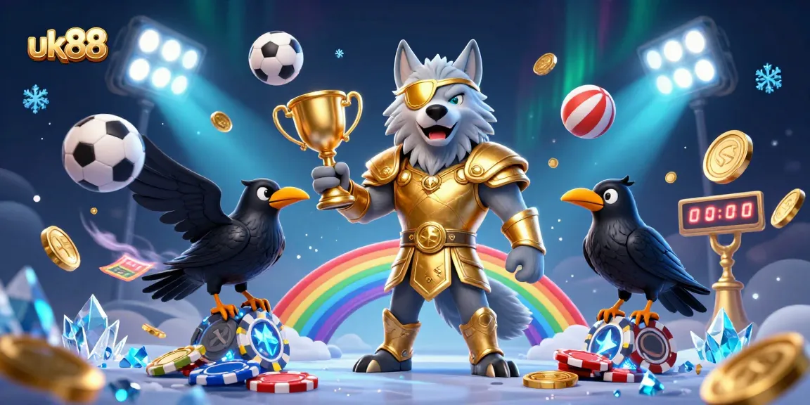Bet on exciting games at UK88 with a vibrant illustration showcasing thrilling sports and golden trophies.