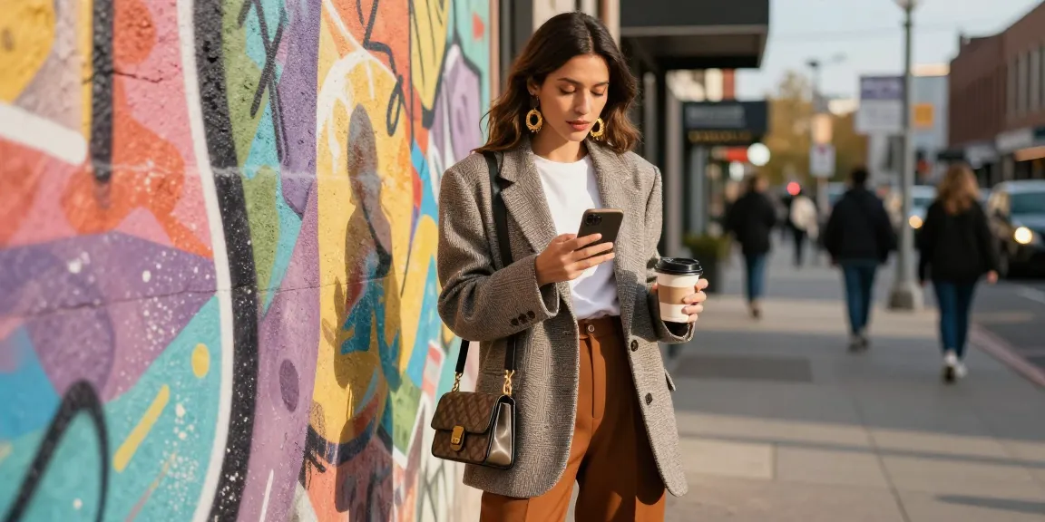 Stylish woman in trendy oversized blazer showcasing women's fashion on city street